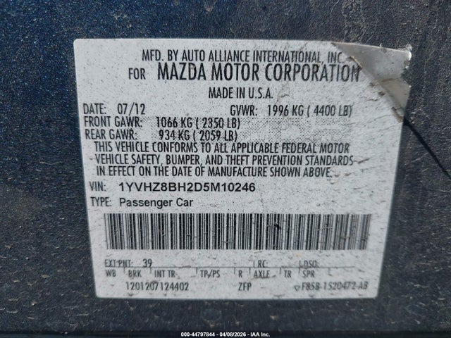 44797844 :رقم المزاد ، 1YVHZ8BH2D5M10246 vin ، 2013 Mazda Mazda6 I Sport مزاد بيع