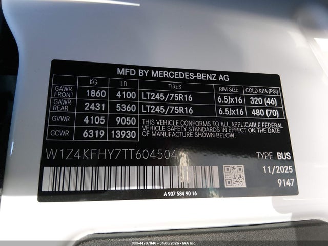 W1Z4KFHY7TT604504 Mercedes-Benz Sprinter 2500 Standard Roof 4-cyl Diesel