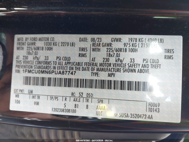 Продажа на аукционе авто 2023 Ford Escape St-line, vin: 1FMCU0MN6PUA87747, номер лота: 44797861