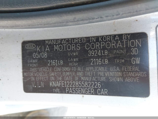 2008 Kia Spectra Ex მანქანა იყიდება აუქციონზე, vin: KNAFE122285582226, აუქციონის ნომერი: 44797874