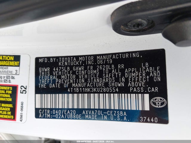 Toyota CAMRY SE 2019 4T1B11HK3KU280554 Image 9