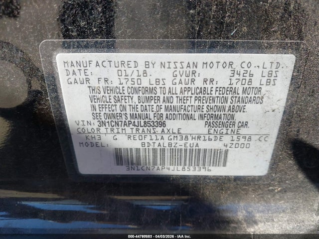 3N1CN7AP4JL853396 Nissan Versa 1.6 Sv