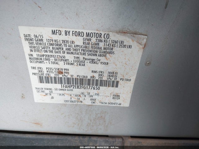 44797885 :رقم المزاد ، 1FAHP2E82FG177650 vin ، 2015 Ford Taurus Sel مزاد بيع