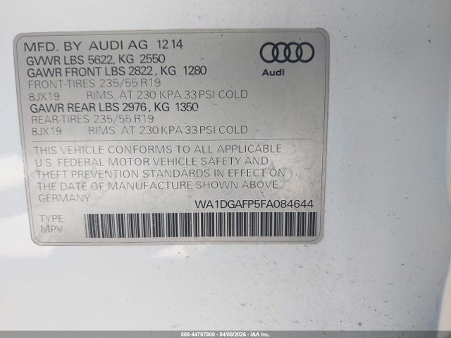Продажа на аукционе авто 2015 Audi Q5 3.0t Premium Plus, vin: WA1DGAFP5FA084644, номер лота: 44797900