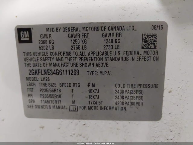 Продаж на аукціоні авто 2016 Gmc Terrain Sle-2, vin: 2GKFLNE34G6111268, номер лоту: 44797905