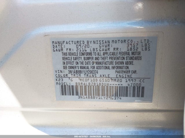 3N1AB8BV1LY296374 Nissan Sentra S Xtronic Cvt