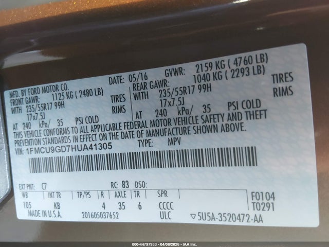 2017 FORD ESCAPE 1FMCU9GD7HUA41305 Photo 8