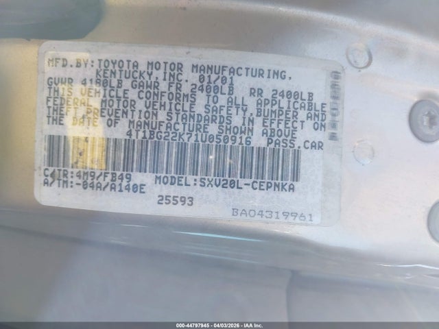 2001 TOYOTA CAMRY 4T1BG22K71U050916 Photo 8