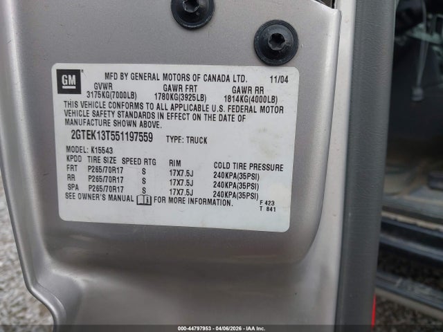 Продажа на аукционе авто 2005 Gmc Sierra 1500 Slt, vin: 2GTEK13T551197559, номер лота: 44797953