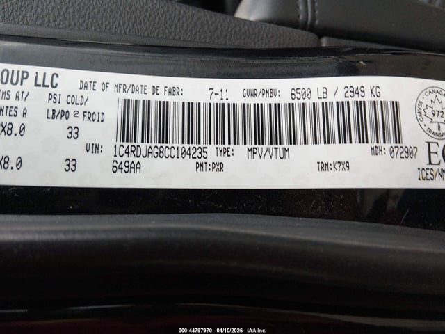 Aukcja sprzedaży 2012 Dodge Durango Sxt, vin: 1C4RDJAG8CC104235, numer aukcji: 44797970
