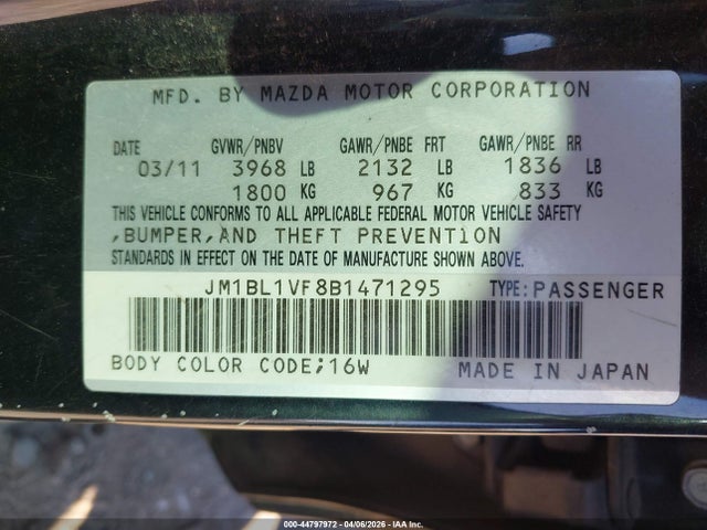 Aukcja sprzedaży 2011 Mazda Mazda3 I Touring, vin: JM1BL1VF8B1471295, numer aukcji: 44797972