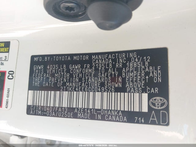 44797976 :رقم المزاد ، 2T1KE4EE6CC049526 vin ، 2012 Toyota Matrix S مزاد بيع