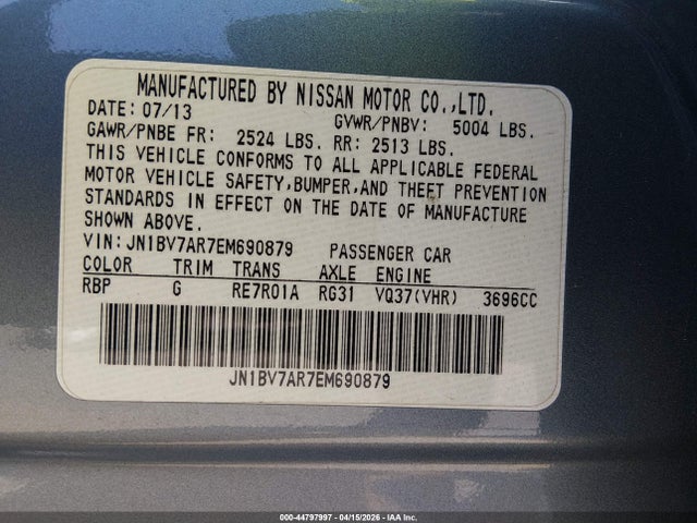 2014 Infiniti Q50 Premium მანქანა იყიდება აუქციონზე, vin: JN1BV7AR7EM690879, აუქციონის ნომერი: 44797997