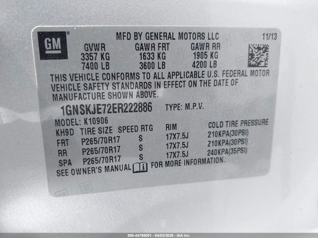 1GNSKJE72ER222886 Chevrolet Suburban 1500 Lt