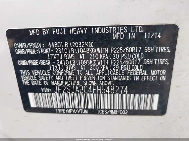 JF2SJABC4FH548274 Subaru Forester 2.5i