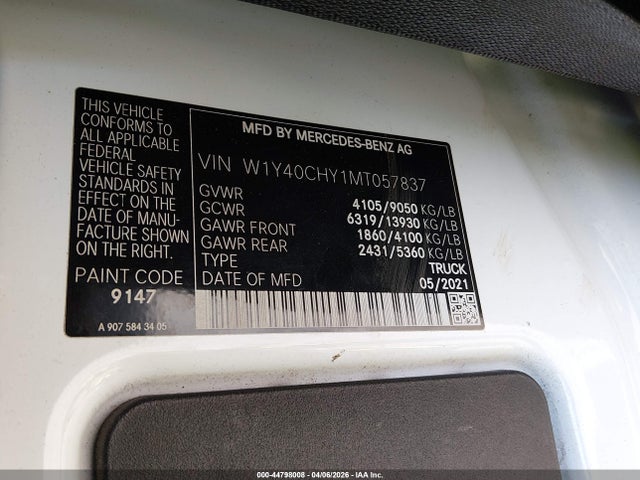 44798008 :رقم المزاد ، W1Y40CHY1MT057837 vin ، 2021 Mercedes-benz Sprinter 2500 مزاد بيع