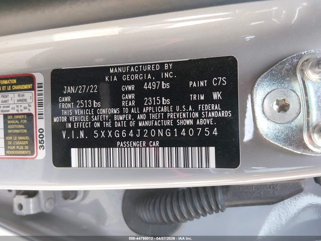 2022 Kia K5 Gt-line მანქანა იყიდება აუქციონზე, vin: 5XXG64J20NG140754, აუქციონის ნომერი: 44798012