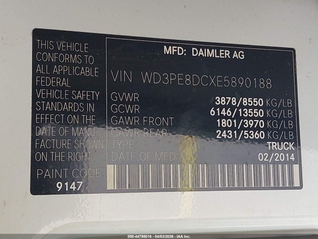 2014 Mercedes-benz Sprinter 2500 High Roof მანქანა იყიდება აუქციონზე, vin: WD3PE8DCXE5890188, აუქციონის ნომერი: 44798016