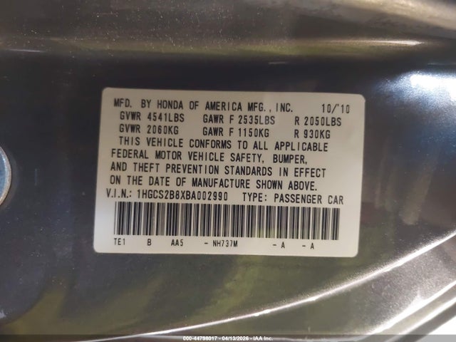 44798017 :رقم المزاد ، 1HGCS2B8XBA002990 vin ، 2011 Honda Accord 3.5 Ex-l مزاد بيع
