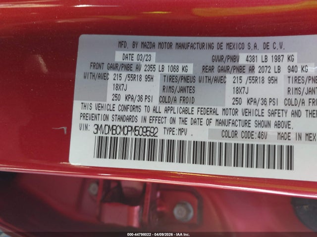 44798022 :رقم المزاد ، 3MVDMBCM0PM509592 vin ، 2023 Mazda Cx-30 2.5 S Preferred مزاد بيع