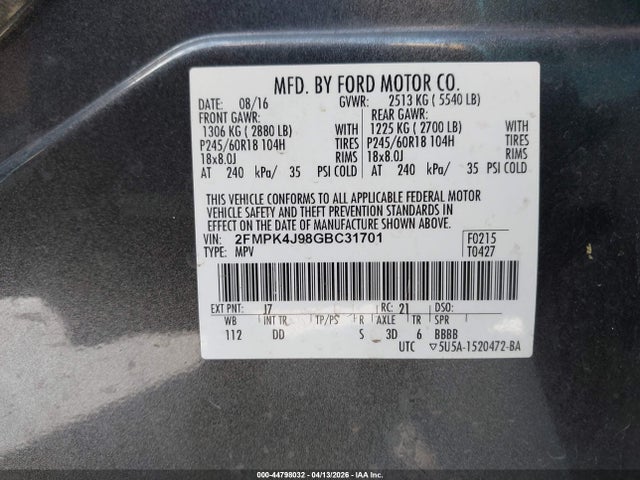 Ford EDGE SEL 2016 2FMPK4J98GBC31701 Image 9