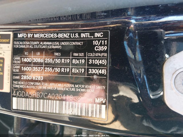 Продаж на аукціоні авто 2012 Mercedes-benz Ml 350 4matic, vin: 4JGDA5HB7CA020418, номер лоту: 44798047