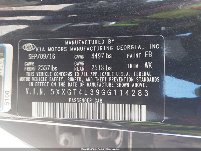 44798080 :رقم المزاد ، 5XXGT4L39GG114283 vin ، 2016 Kia Optima Lx مزاد بيع
