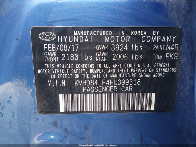 44798087 :رقم المزاد ، KMHD84LF4HU399318 vin ، 2017 Hyundai Elantra Se مزاد بيع