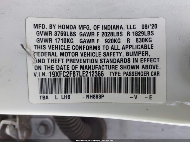 2020 Honda Civic Sport მანქანა იყიდება აუქციონზე, vin: 19XFC2F87LE212366, აუქციონის ნომერი: 44798094