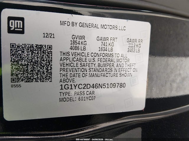1G1YC2D46N5109780 Chevrolet Corvette Stingray Rwd 3lt