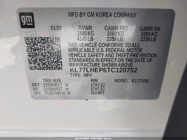 44798098 :رقم المزاد ، KL77LHEP6TC120752 vin ، 2026 Chevrolet Trax 1lt مزاد بيع