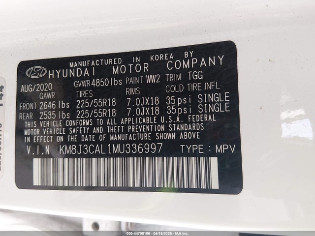 Продажа на аукционе авто 2021 Hyundai Tucson Sel, vin: KM8J3CAL1MU336997, номер лота: 44798106