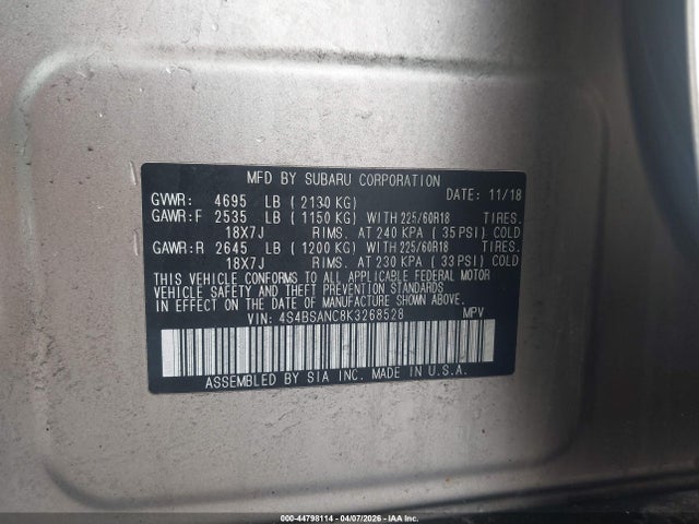 Продажа на аукционе авто 2019 Subaru Outback 2.5i Limited, vin: 4S4BSANC8K3268528, номер лота: 44798114