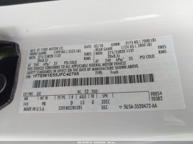 2018 Ford F-150 Platinum მანქანა იყიდება აუქციონზე, vin: 1FTEW1E55JFC42795, აუქციონის ნომერი: 44798115