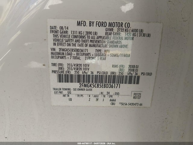 44798117 :رقم المزاد ، 2FMGK5C85EBD36171 vin ، 2014 Ford Flex Sel مزاد بيع