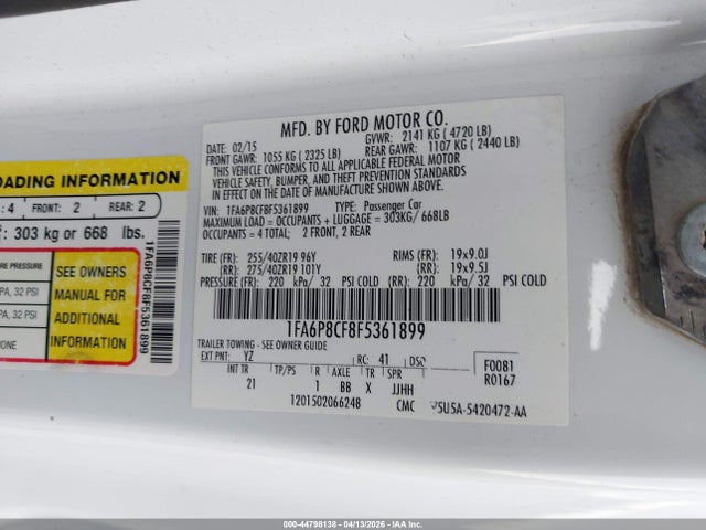 Продажа на аукционе авто 2015 Ford Mustang Gt, vin: 1FA6P8CF8F5361899, номер лота: 44798138
