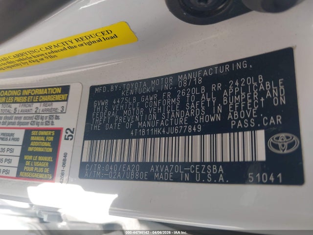 Продажа на аукционе авто 2018 Toyota Camry Se, vin: 4T1B11HK4JU677849, номер лота: 44798142