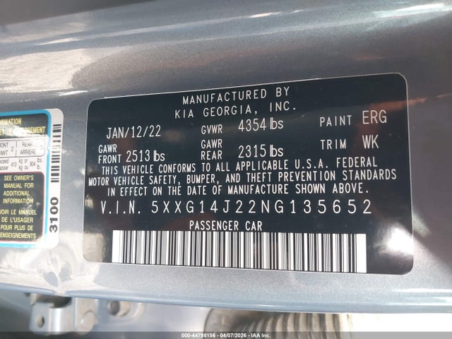 Продаж на аукціоні авто 2022 Kia K5 Lxs, vin: 5XXG14J22NG135652, номер лоту: 44798156