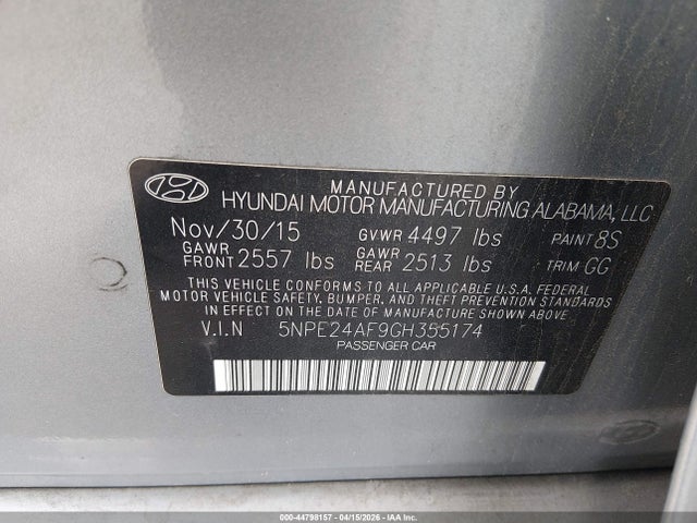 2016 Hyundai Sonata Se მანქანა იყიდება აუქციონზე, vin: 5NPE24AF9GH355174, აუქციონის ნომერი: 44798157