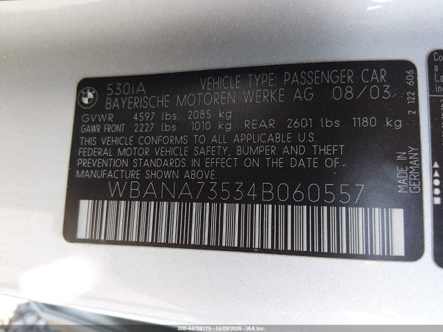 Aukcja sprzedaży 2004 Bmw 530i, vin: WBANA73534B060557, numer aukcji: 44798175