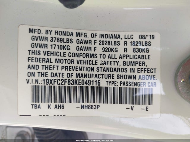 44798197 :رقم المزاد ، 19XFC2F83KE049116 vin ، 2019 Honda Civic Sport مزاد بيع