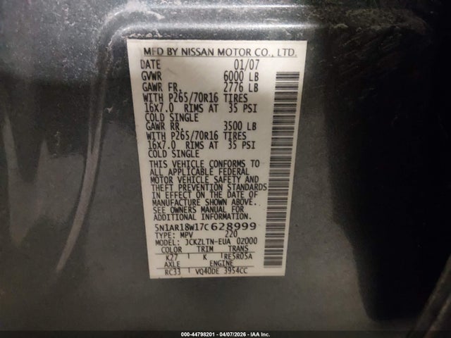 44798201 :رقم المزاد ، 5N1AR18W17C628999 vin ، 2007 Nissan Pathfinder Se مزاد بيع