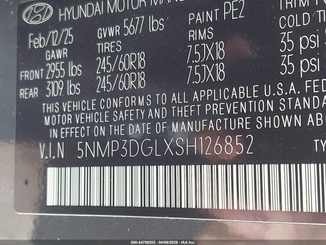2025 Hyundai Santa Fe Xrt მანქანა იყიდება აუქციონზე, vin: 5NMP3DGLXSH126852, აუქციონის ნომერი: 44798203