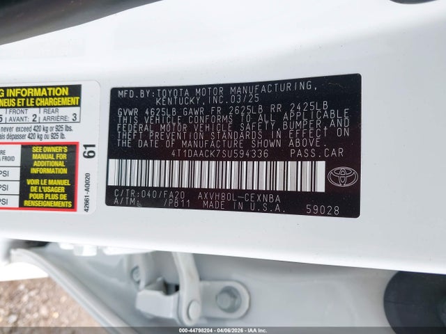 Aukcja sprzedaży 2025 Toyota Camry Le, vin: 4T1DAACK7SU594336, numer aukcji: 44798204