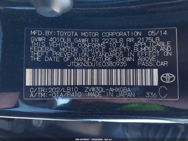 Продаж на аукціоні авто 2014 Toyota Prius Four, vin: JTDKN3DU1E0380935, номер лоту: 44798207
