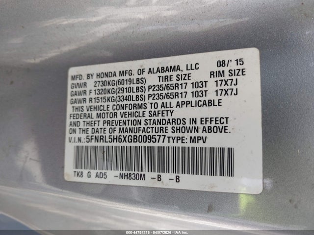 5FNRL5H6XGB009577 Honda Odyssey Ex-l