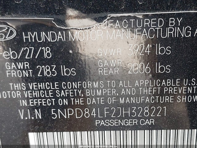 5NPD84LF2JH328221 Hyundai ELANTRA SEL