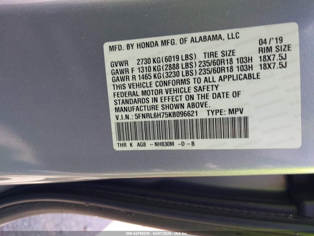 Продажа на аукционе авто 2019 Honda Odyssey Ex-l, vin: 5FNRL6H75KB096621, номер лота: 44798229