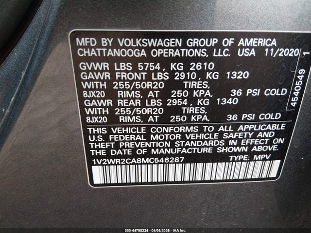 Aukcja sprzedaży 2021 Volkswagen Atlas 3.6l V6 Se W/technology, vin: 1V2WR2CA8MC546287, numer aukcji: 44798234