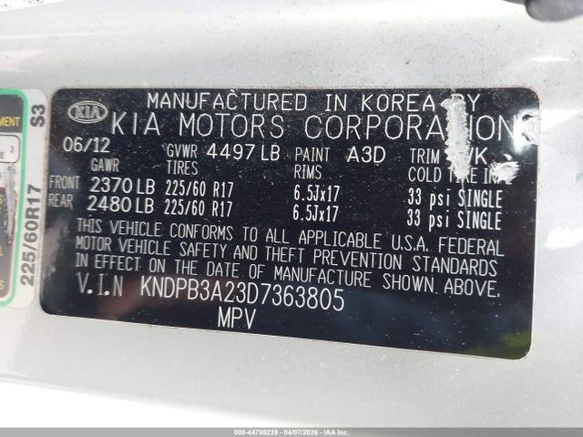 44798239 :رقم المزاد ، KNDPB3A23D7363805 vin ، 2013 Kia Sportage Lx مزاد بيع